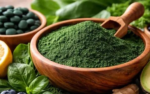 Zielony proszek spiruliny w drewnianej misce, obok tabletek, cytryny, jagód i awokado. To jest spirulina, co to za superfood?