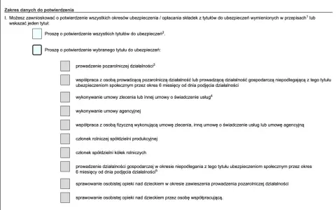 Formularz wyboru tytułu ubezpieczenia, np. umowa zlecenie.
