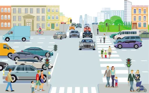 Traffico cittadino con auto, furgoni, ciclisti e pedoni che attraversano la strada. Un'opera d'arte che cattura la vita urbana.