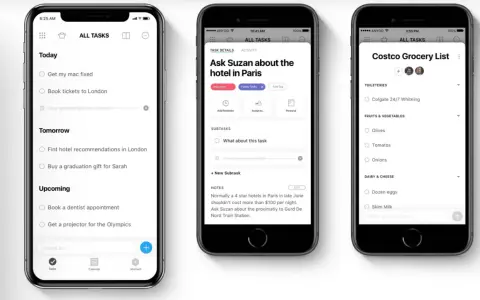 Trois écrans d'une application d'organisation sur iPhone : une liste de tâches, le détail d'une tâche et une liste de courses.