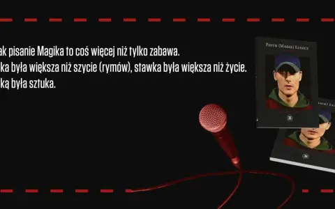 Piotr (Magik) Łuszcz, magic raper, w okładce książki "Excalibur". Mikrofon i tekst o sztuce.