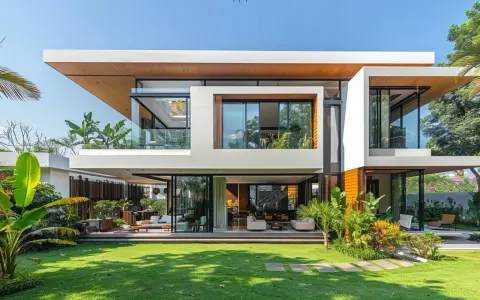 Une maison futuriste aux lignes épurées, avec de grandes baies vitrées, des balcons et une végétation luxuriante.