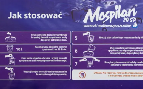 Instrukcja stosowania Mospilan 20 SP: 1 woreczek na 10 litrów wody. Woreczki wodnorozpuszczalne dodawać do naczynia z wodą.