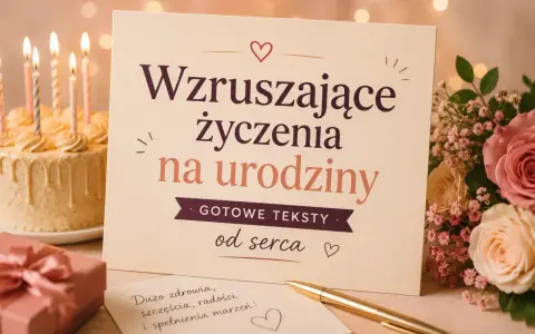 Urodzinowa kartka z napisem "Wzruszające życzenia na urodziny", obok tort z płonącymi świecami, prezent i bukiet róż. Idealna na wyjątkowe życzenia urodzinowe.