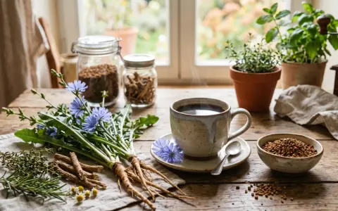Tasse de café fumante près de racines de chicorée et de fleurs bleues. Les chicorée bienfaits sont nombreux, cette plante est utilisée pour ses vertus.
