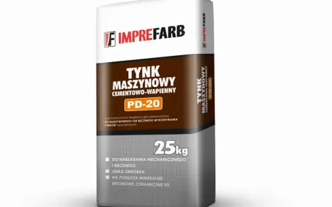 Worek z cementowo-wapiennym tynkiem maszynowym PD-20 marki IMPREFARB. Produkt do nakładania mechanicznego i ręcznego, na podłoża mineralne.