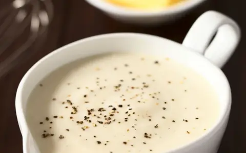 Sauce béchamel onctueuse, préparée avec de la fécule de maïs et assaisonnée de poivre noir fraîchement moulu.