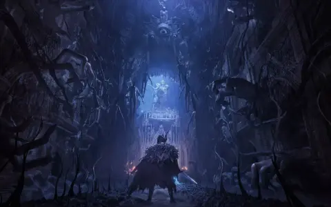 Un guerrero se enfrenta a una estatua en un pasaje oscuro y retorcido, lleno de manos y figuras fantasmales. Un vistazo a Lords of the Fallen, guía para la victoria.