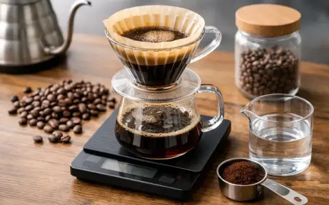 Ein detailliertes Kaffee-Rezept: Kaffeebohnen, gemahlener Kaffee, Wasser und ein Filter-Kaffeebereiter auf einer Waage.