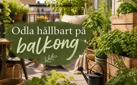 Grönskande balkong med örter och växter i träkorgar. En vattenkanna står redo. Odla hållbart på balkong, även när det blommar utan blommor.