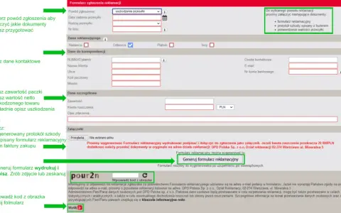Formularz zgłoszenia reklamacji DPD. Opis problemu z paczką, dane kontaktowe i szczegóły szkody.