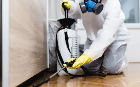 Persona con traje protector y máscara usa un fumigador de cucarachas para desinfectar un área.