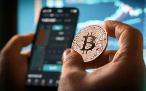 Dłoń trzyma monetę z symbolem Bitcoina, na tle wykresów i ekranu telefonu. Może to być nawiązanie do historii Jamesa Howelsa i jego utraconych bitcoinów.