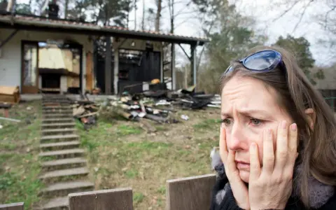 Verzweifelte Frau vor ihrem abgebrannten Haus. Die Versicherung zahlt nicht, ihr Leben liegt in Trümmern.