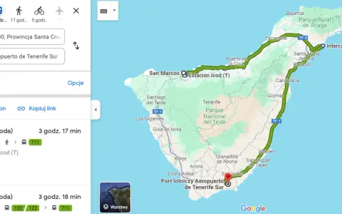 Trasa na Teneryfie, jednej z Wysp Kanaryjskich, gdzie leżą. Mapa pokazuje podróż z San Marcos do lotniska.