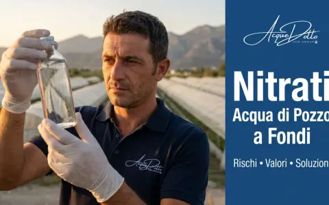 Uomo con guanti esamina campione d'acqua. Titolo: "Nitrati: Acqua di Pozzo a Fondi. Rischi, Valori, Soluzioni". Scopri cosa sono i nitriti nell'acqua.