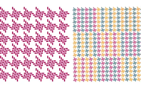 Two patterns: a single color check pattern in magenta on the left, and a multi-color check pattern in magenta, teal, and gold on the right.