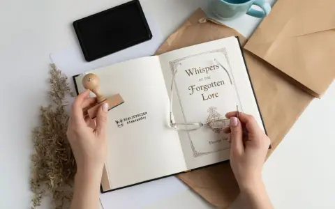 Ręce trzymają stempel z napisem "Biblioteczka Aleksandry" i książkę "Whispers of the Forgotten Lore". To idealny zestaw do tworzenia własnego exlibrisu.