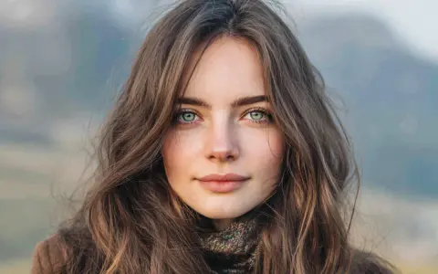Portret młodej kobiety z jasną cerą i zielonymi oczami, w brązowych włosach.