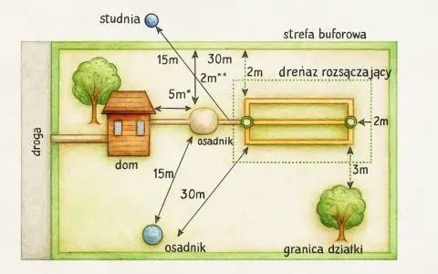 Schemat pokazuje warunki budowy oczyszczalni przydomowej: dom, osadnik, drenaż rozsączający, studnia i drzewa z wymiarami odległości.