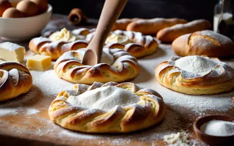 Pâte à croissant dorée, saupoudrée de sucre glace, prête à être garnie. Des ingrédients frais sur la table.
