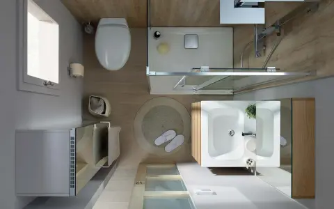 Aménagement petite salle de bain : vue de dessus d'une douche, lavabo, WC et meuble de rangement.