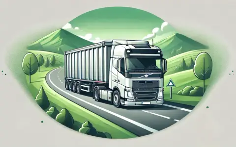 Biała ciężarówka z naczepą jedzie krętą drogą przez zielone wzgórza. To transport, który może przewieźć nawet odpady.