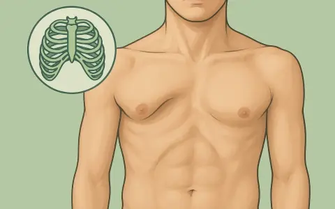 Klatka piersiowa dorosłego mężczyzny z widocznym wgłębieniem, ilustracja porównująca z prawidłową budową żeber.