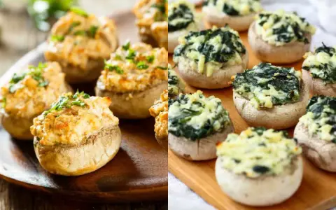 Champiñones rellenos de queso y espinacas, y otros con un relleno cremoso y hierbas. ¡Deliciosos bocados!
