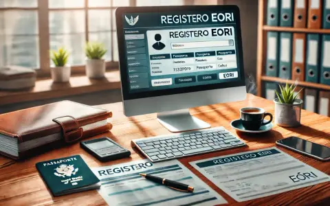 Escritorio con computadora mostrando "REGISTERO EORI", documentos, pasaporte y café. Proceso de validación eori en curso.
