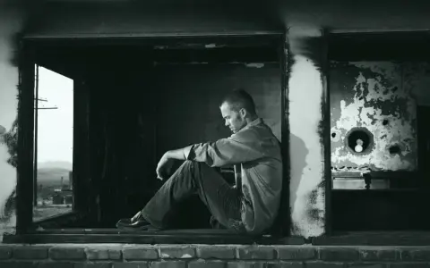 A man sits in a doorway, contemplating what the Bible says about complaining. The scene is stark and desolate, reflecting a mood of introspection.