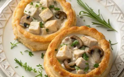 Deux vol-au-vent poulet crémeux, garnis de morceaux de poulet, de champignons et de persil frais, sur une assiette décorée.