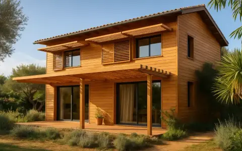Belle maison ossature bois, avec pergola et volets en bois. Avis positif sur cette construction écologique et chaleureuse.