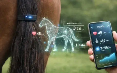 Pferd mit einem Horse Tracker am Schweif. Daten wie Herzfrequenz und Distanz werden auf einem Smartphone angezeigt.