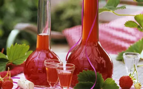 Zwei Flaschen mit rot-orangem Likör, umgeben von Erdbeeren und Blättern. Perfekt, um Erdbeerschnaps selber machen.