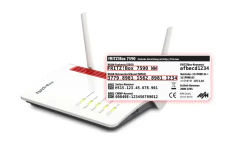 FRITZ!Box 7590 mit WLAN-Schlüssel 3779 8981 1562 8981 1234 für die Einrichtung von wpa/wep.