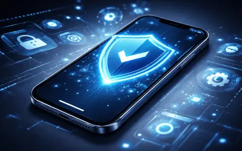 iPhone z tarczą ochronną i ikonami bezpieczeństwa na tle cyfrowym.