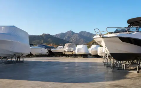 Flotte de bateaux en attente de leur hivernage, protégés sous des bâches, avec des montagnes en arrière-plan.