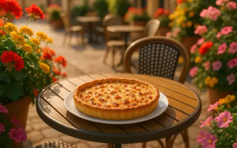 Une quiche lorraine dorée, spécialité de Metz, sur une table de terrasse fleurie.