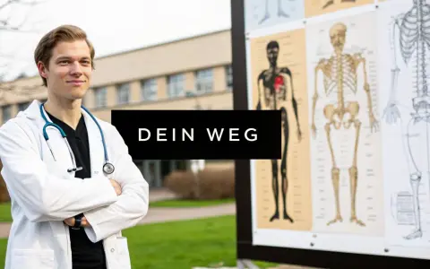 Junger Mann im Arztkittel mit Stethoskop vor anatomischen Tafeln. Sein Weg zum hochschul abschluss beginnt hier.