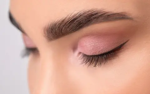 Ojo cerrado con sombra rosa y delineado fino, mostrando diferentes tipos de raya del ojo.