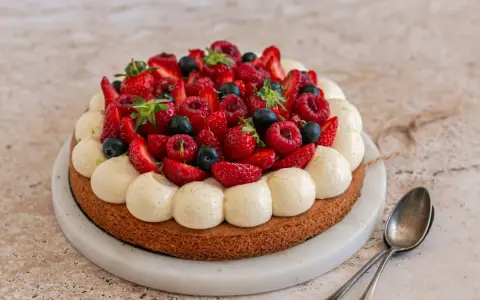 Un délicieux gâteau aux fraises, garni de framboises, myrtilles et crème vanillée. Parfait pour une occasion spéciale.