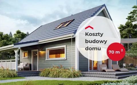 Koszty budowy domu 70m²: nowoczesny, parterowy dom z tarasem i dużymi oknami, otoczony zielenią.