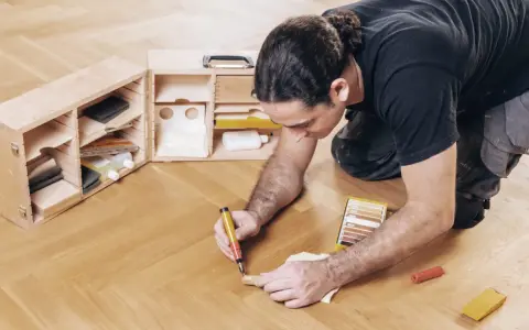 Mann repariert Parkett mit einem Reparaturstift und einer Farbauswahl. Werkzeugkasten mit Zubehör daneben.