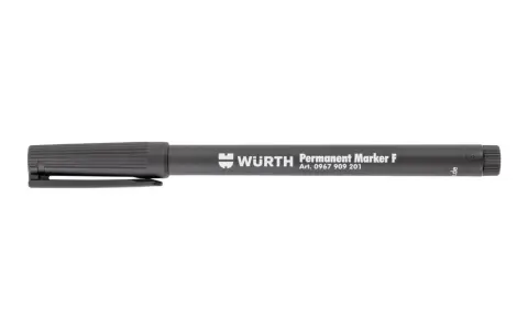 En svart Würth permanent tuschpenna med texten "Permanent Marker F" och artikelnummer.