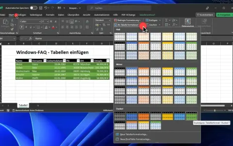 Excel-Tabelle mit Daten und Menü zur Formatierung. Die Auswahl "Als Tabelle formatieren" zeigt verschiedene Optionen für die Formatierung Excel.
