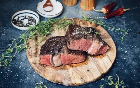Zwei saftige Rib-Eye-Steaks, perfekt gegrillt, liegen auf einem Holzbrett. Mit Meersalz und Pfeffer bestreut, garniert mit frischem Thymian.