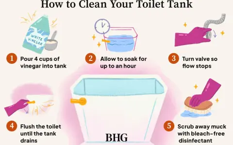 Steps to clean toilet tank: pour vinegar, soak, turn off water, flush, scrub with disinfectant.