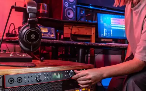 Casque audio professionnel suspendu, prêt pour une expérience stéréo audio immersive dans un studio d'enregistrement.