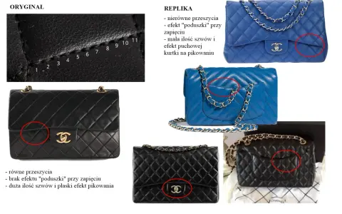Oryginalna metka Karl Lagerfeld na torebce Chanel. Porównanie detali oryginału i repliki.